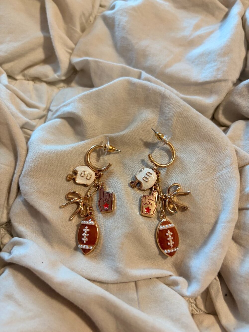 Free People Gold Game Day Football Charm Hoop Earrings Bows Sporty
